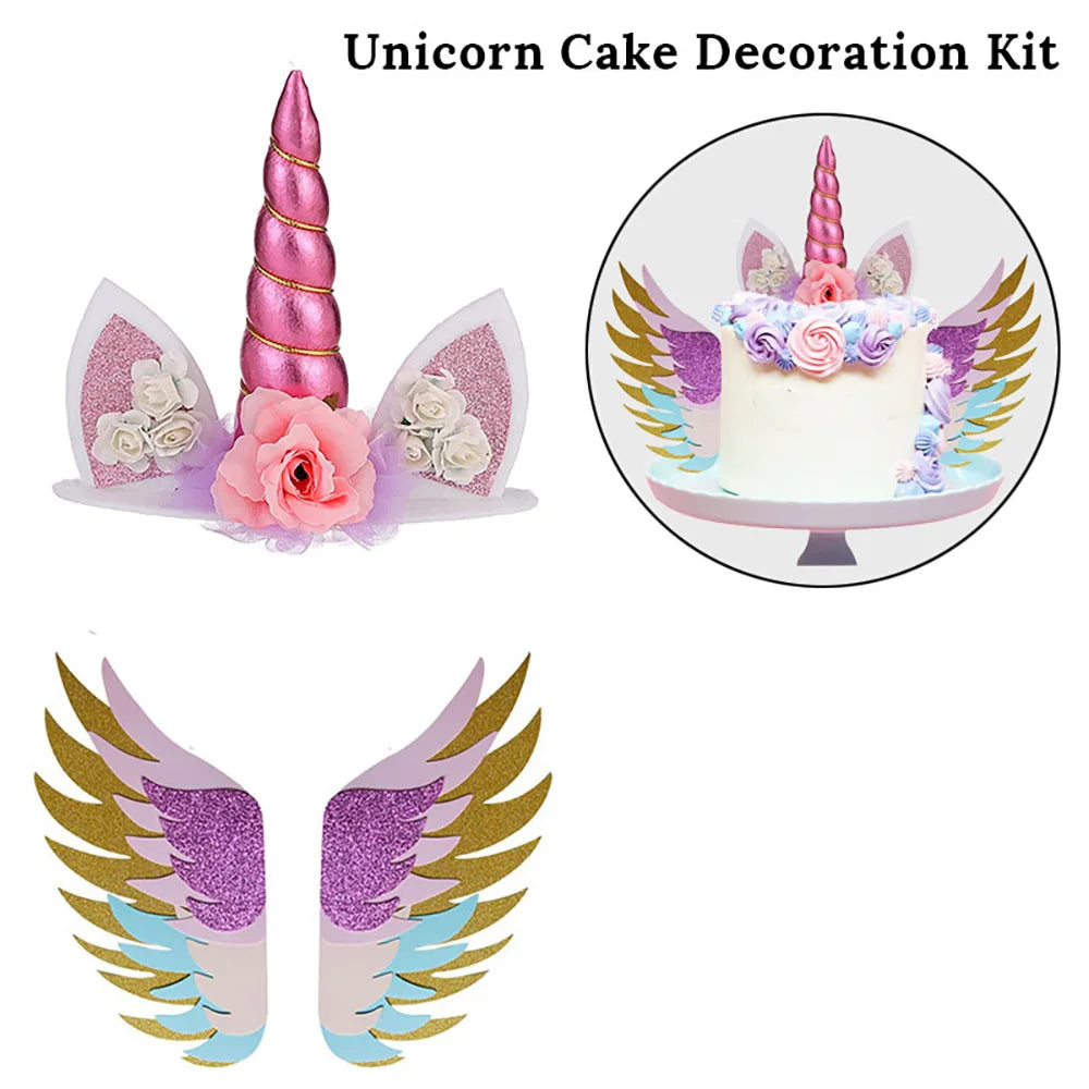 Unicorn Cake Toppers Rainbow Unicorn Horn Wings Girl Birthday Party DIY Decoration Cupcake Wrapper Unicorn Theme Party Supplies