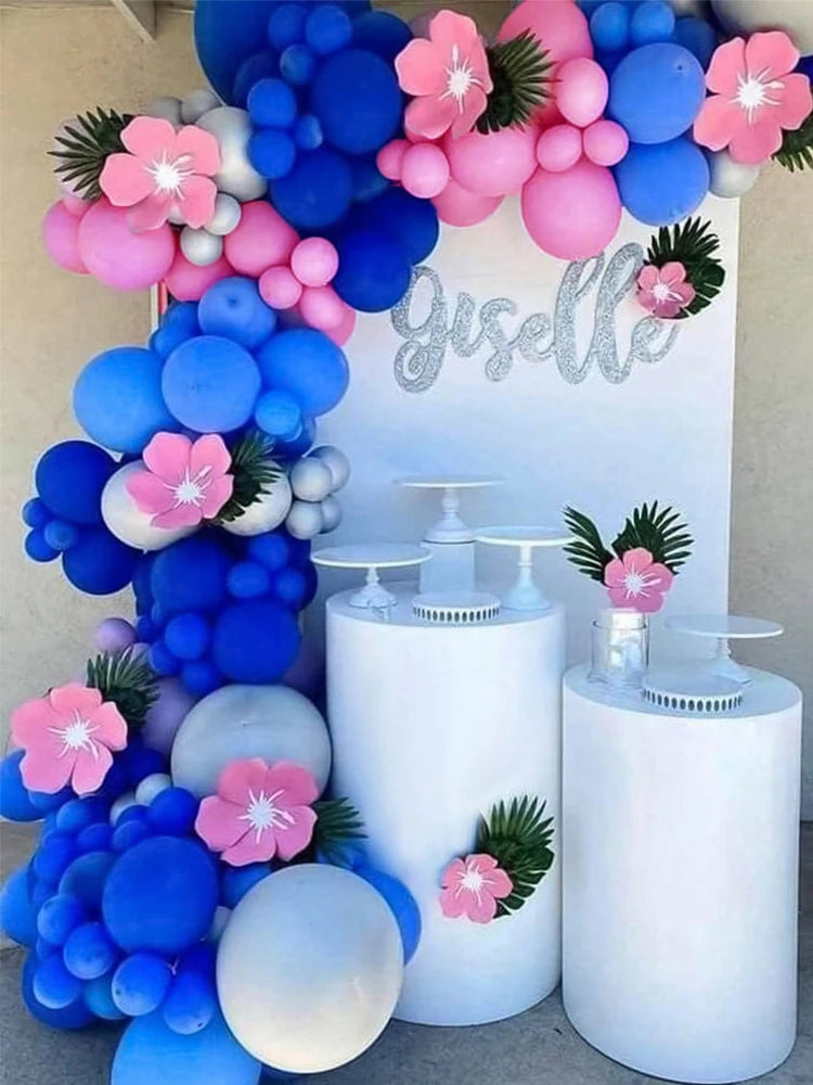 114pcs Stich Balloon Birthday Party Garland Kit, Navy Hot Pink Silver and Palm Leaves, Hawaiian Tropical Style, Summer Luau