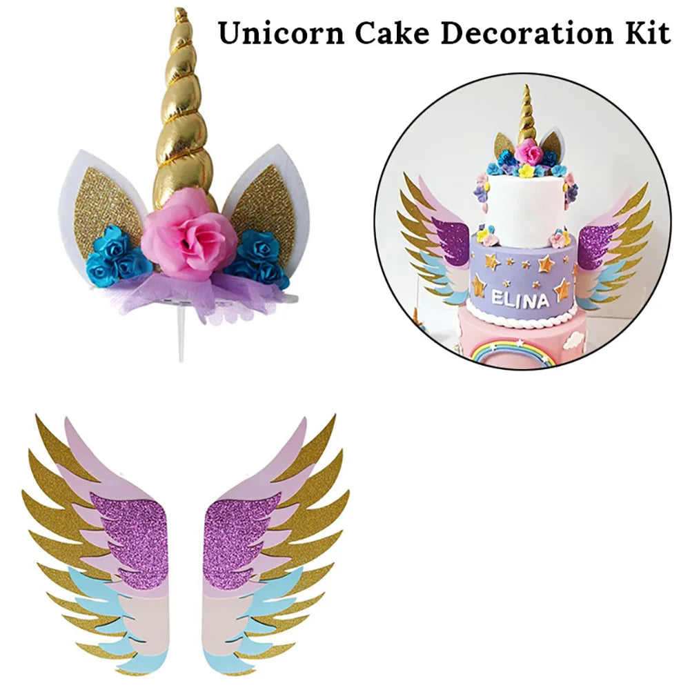 Unicorn Cake Toppers Rainbow Unicorn Horn Wings Girl Birthday Party DIY Decoration Cupcake Wrapper Unicorn Theme Party Supplies