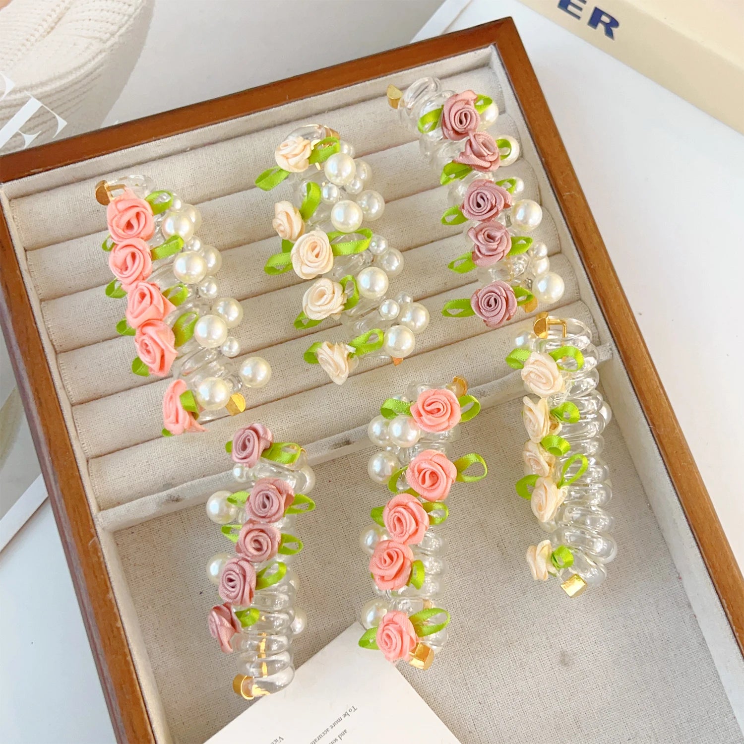 Rose Bead Telephone Line Headband Charming Tied Ponytail Braid Hair Rope Headband High Elasticity Rubber Band Pearl Headwears