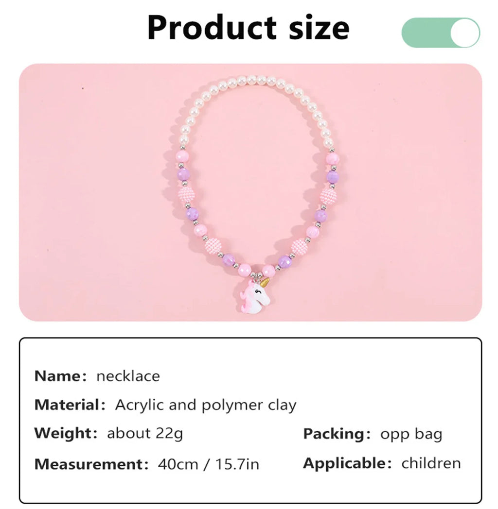 Cute Unicorn Pendant Necklace for Girls Heart Beads Necklace for Children Fashion Jewelry Accessories Birthday Gift