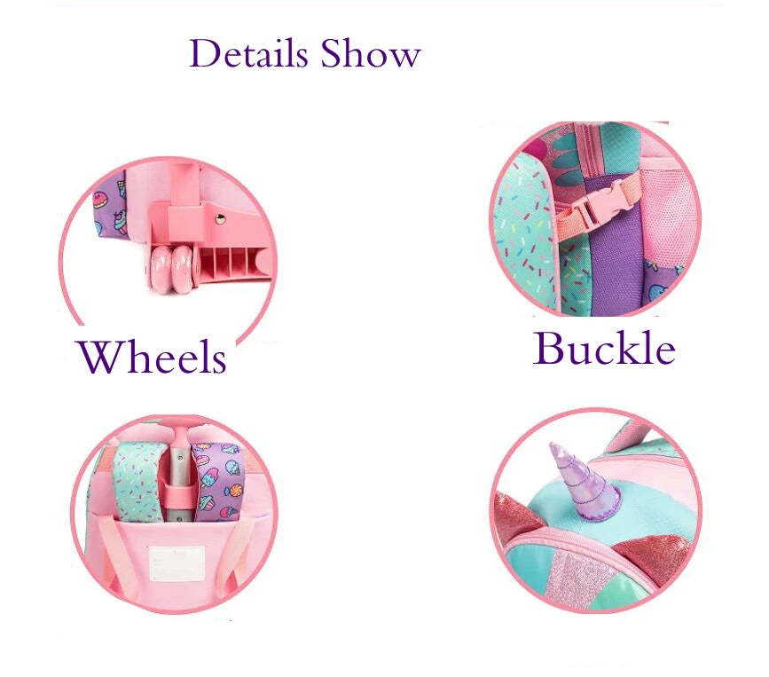 Kids School Trolley Bags 3 In 1 School Rolling Backpack Bag For Girls Children Travel Rolling Luggage Bag Unicorn Schoolbag