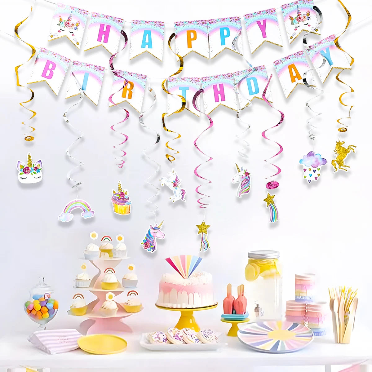 Rainbow Unicorn Disposable Tableware Happy 1st Birthday Party Decorations Kids Favors Gifts Unicorn Baby Shower Girls Supplies