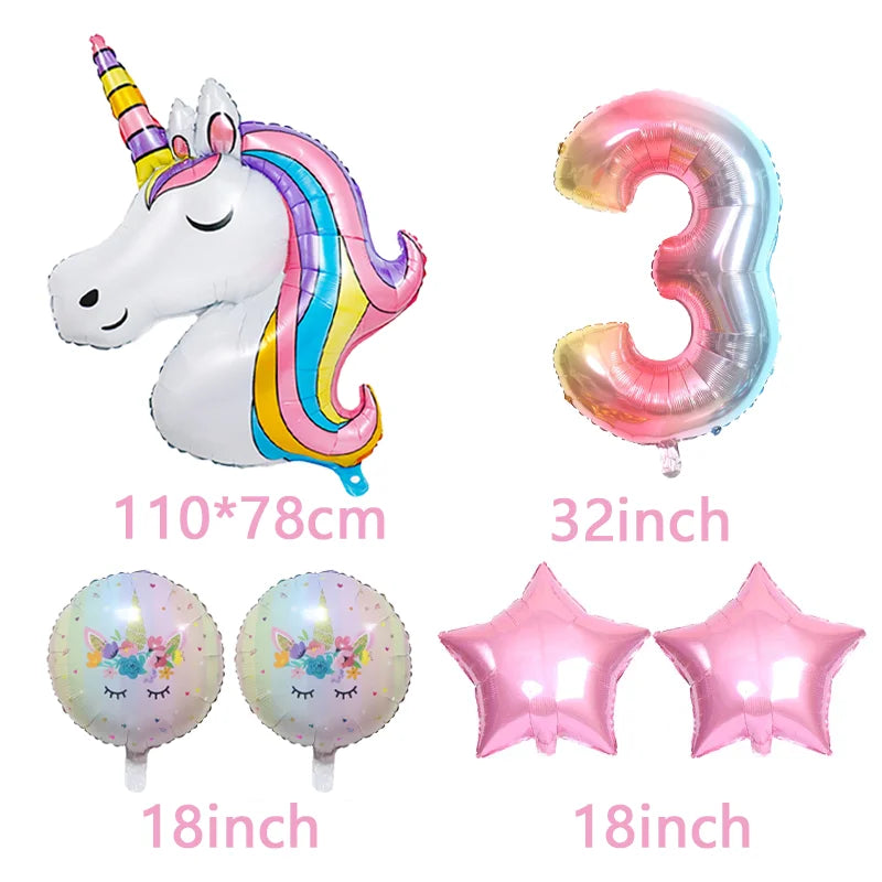 Rainbow Unicorn Foil Balloon 32inch Number Pink Star Balloons Unicorn Theme Kids Birthday Party Decorations Baby Shower Globos