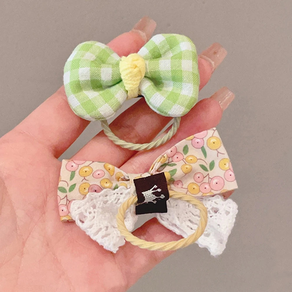 10pcs Cute Flower Hair Ties Set Kids High Elastic Mixed Cloth Plaid Bow Charms Hair Loop For Toddler Girls Princess Headwear