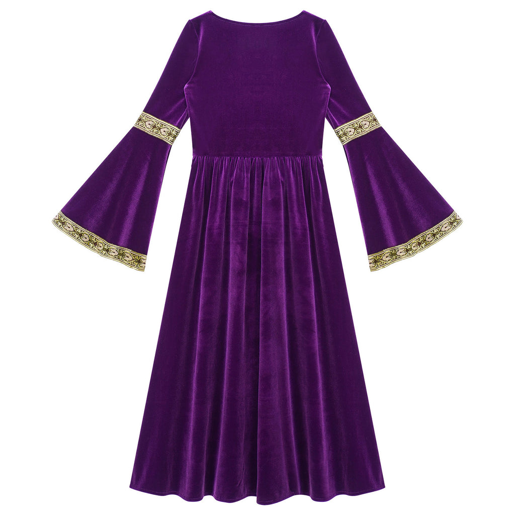 Kids Girls Medieval Renaissance Princess Costume Velvet Long Flare Sleeve Vintage Dress Gown Carnival Party Cosplay Dress Up