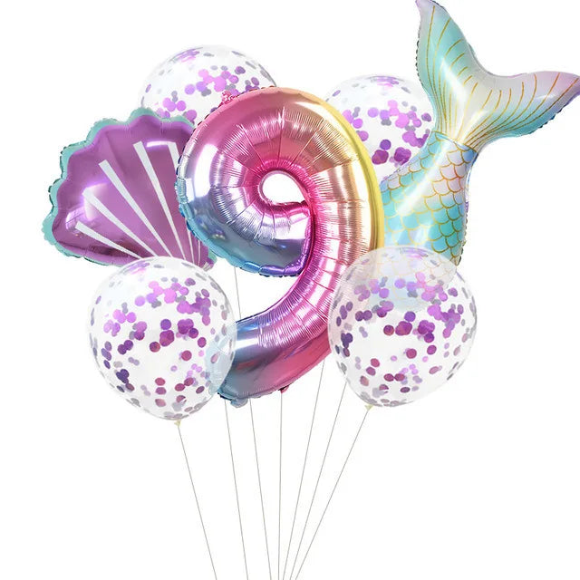 7 Pcs Little Mermaid Shell Balloons 32inch Number Foil Balloon Kids Birthday Party Decoration Supplies Baby Shower Decor Globos
