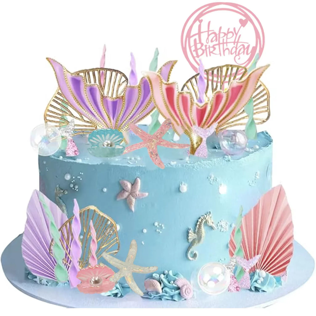 Mermaid Cake Topper Big Mermaid Tails Seaweed Bubbles Shells and Golden Ginkgo Leaves Cake Set for Mermaid Cake Decorations