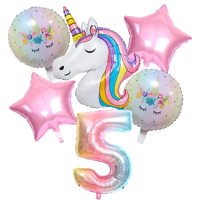 Rainbow Unicorn Foil Balloon 32inch Number Pink Star Balloons Unicorn Theme Kids Birthday Party Decorations Baby Shower Globos
