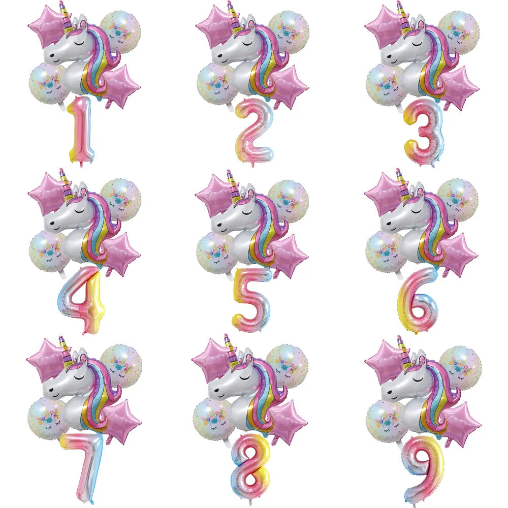 6pcs Rainbow Unicorn Balloon 32 Inch Number Foil Balloons 1st Kids Unicorn Theme Birthday Party Decorations Baby Shower Globos