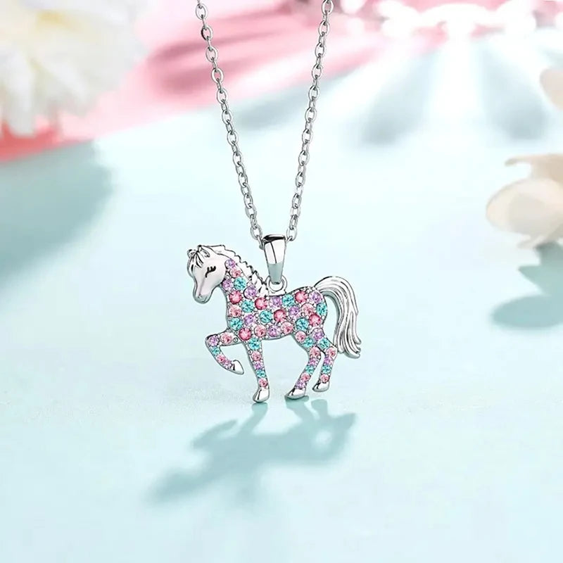 Cute Rainbow Horse Necklace Colorful Crystal Unicorn Pendant Necklaces For Women Girls Boys Christmas Gifts