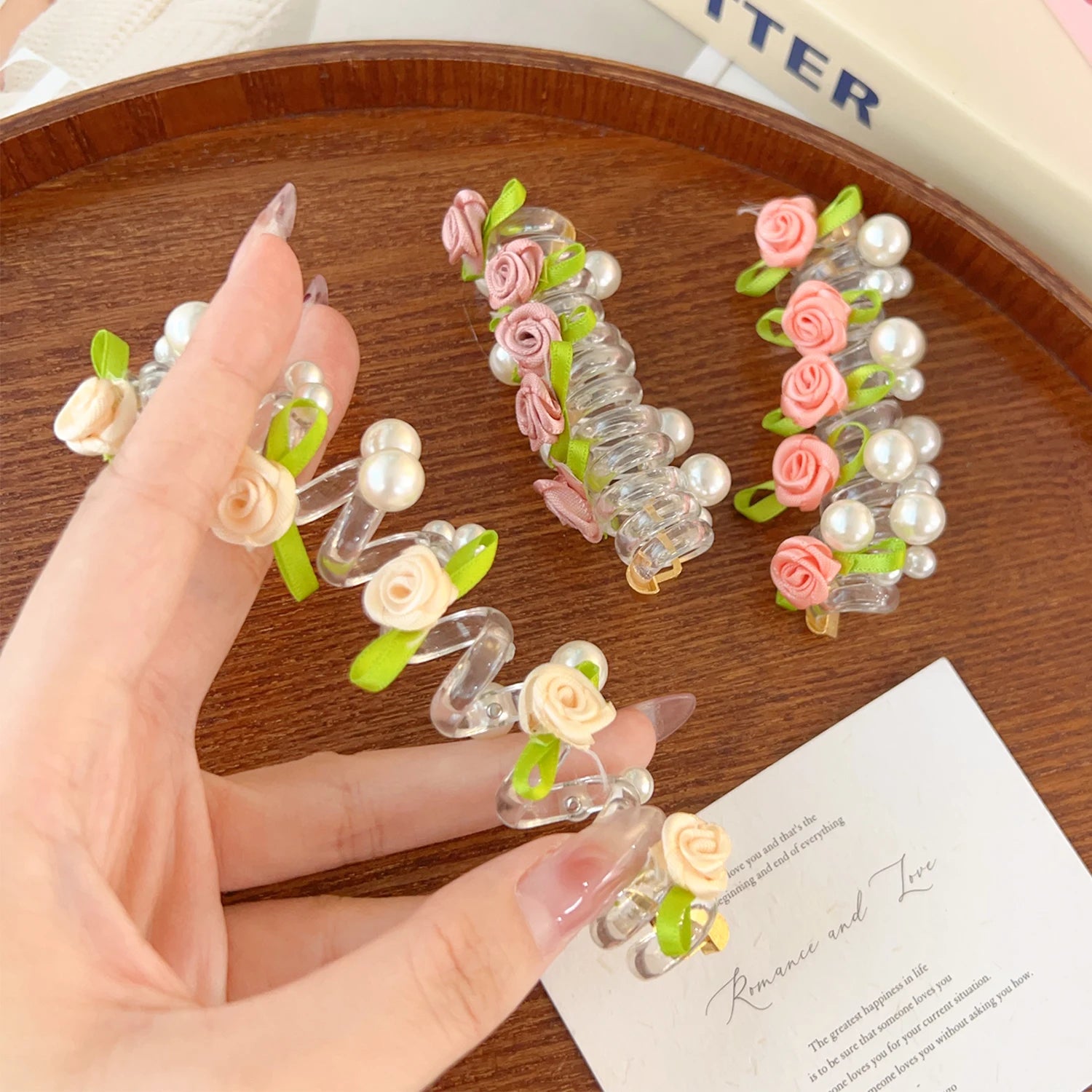 Rose Bead Telephone Line Headband Charming Tied Ponytail Braid Hair Rope Headband High Elasticity Rubber Band Pearl Headwears