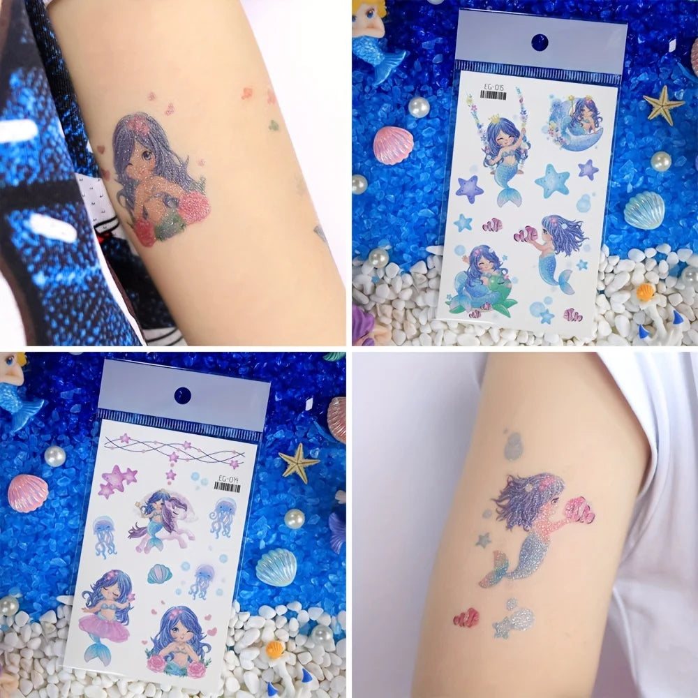 12 Sheets Glitter Mermaid Tattoo Stickers For Kids Cute Unicorn Temporary Tattoos Body Art Fake Tattoo Birthday Party Favors