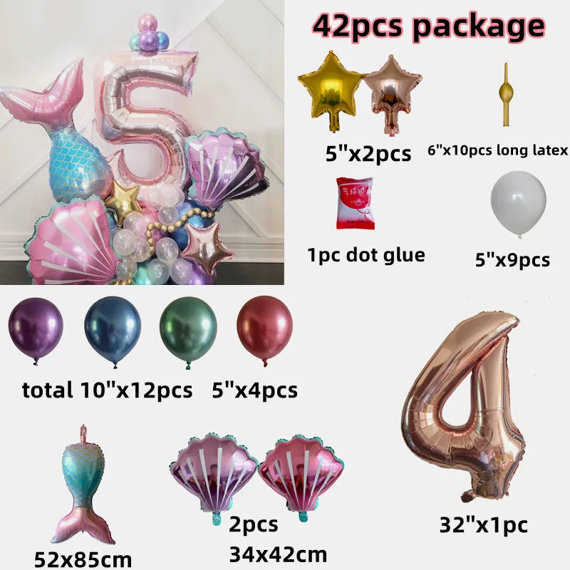 Little Mermaid Theme Party 1-9 Number Foil Balloon Set with Mermaid Tail Balloons Kids Birthday Party Decoration Supplies