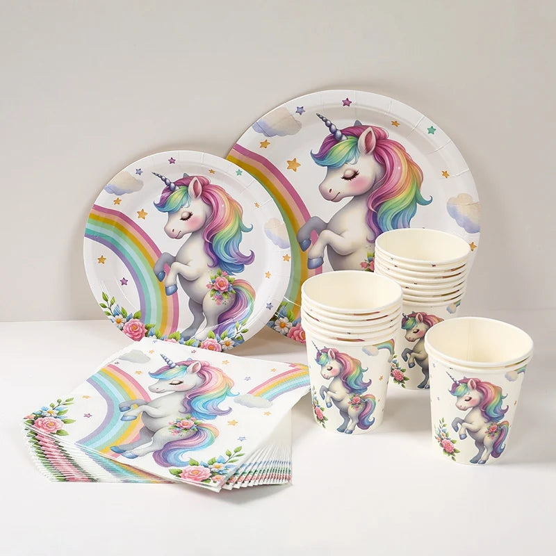 Rainbow Unicorn Disposable Tableware Happy 1st Birthday Party Decorations Kids Unicorn Theme Wedding Baby Shower Girls Supplies