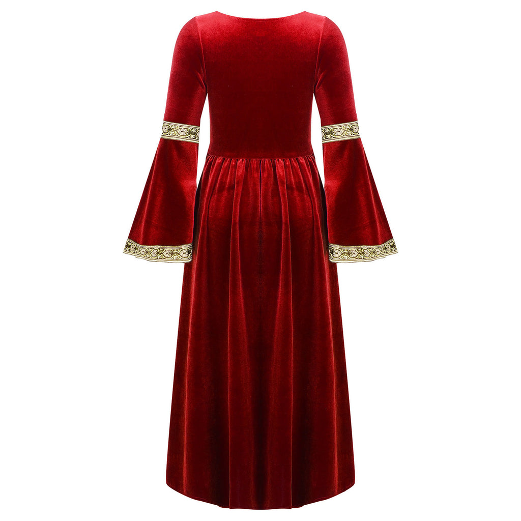 Kids Girls Medieval Renaissance Princess Costume Velvet Long Flare Sleeve Vintage Dress Gown Carnival Party Cosplay Dress Up