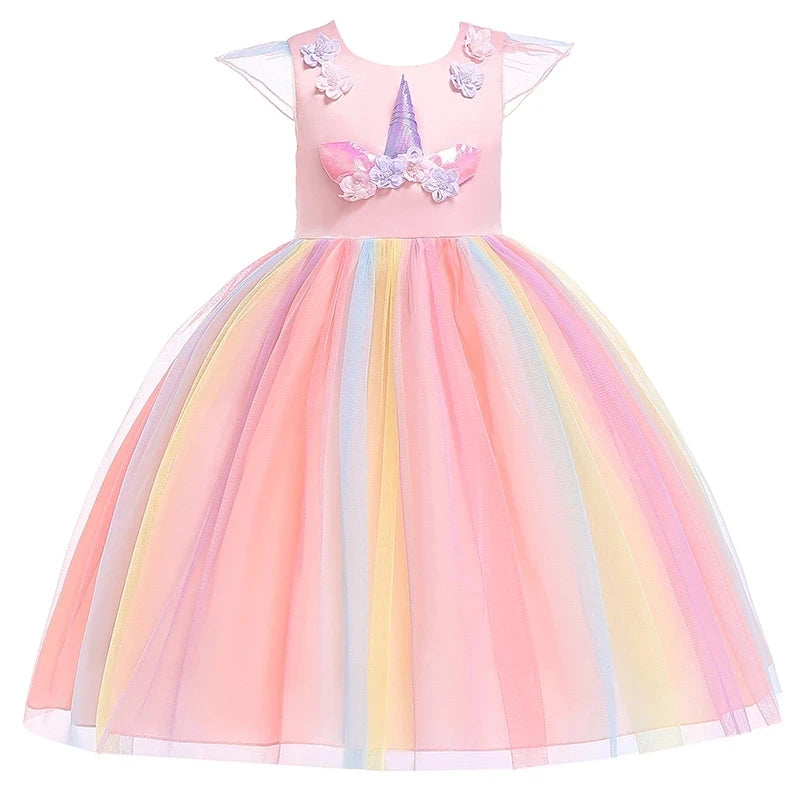 Kids Unicorn Dress for Girls Party Dresses Flower Appliques Ball Gown Little Girl Princess Costumes Summer Children Clothing