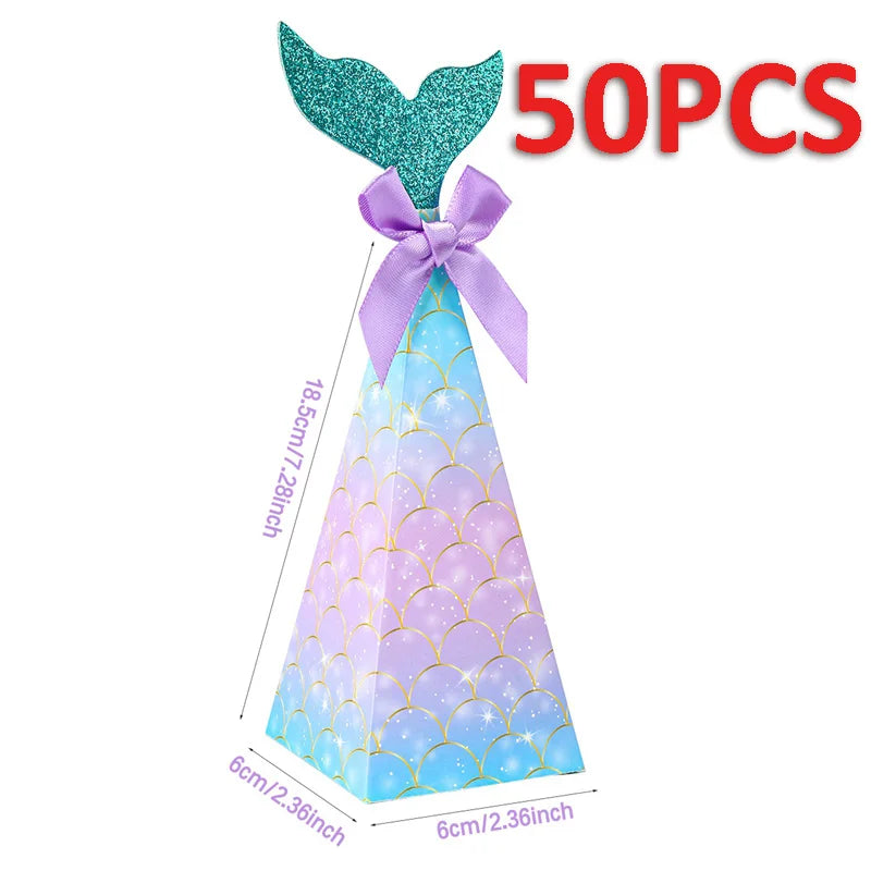 50PCMermaid Tail Candy Box Festival Gift Packaging Paper Bag Popcorn Boxes Kids Little Favors Mermaid Birthday Party Decorations