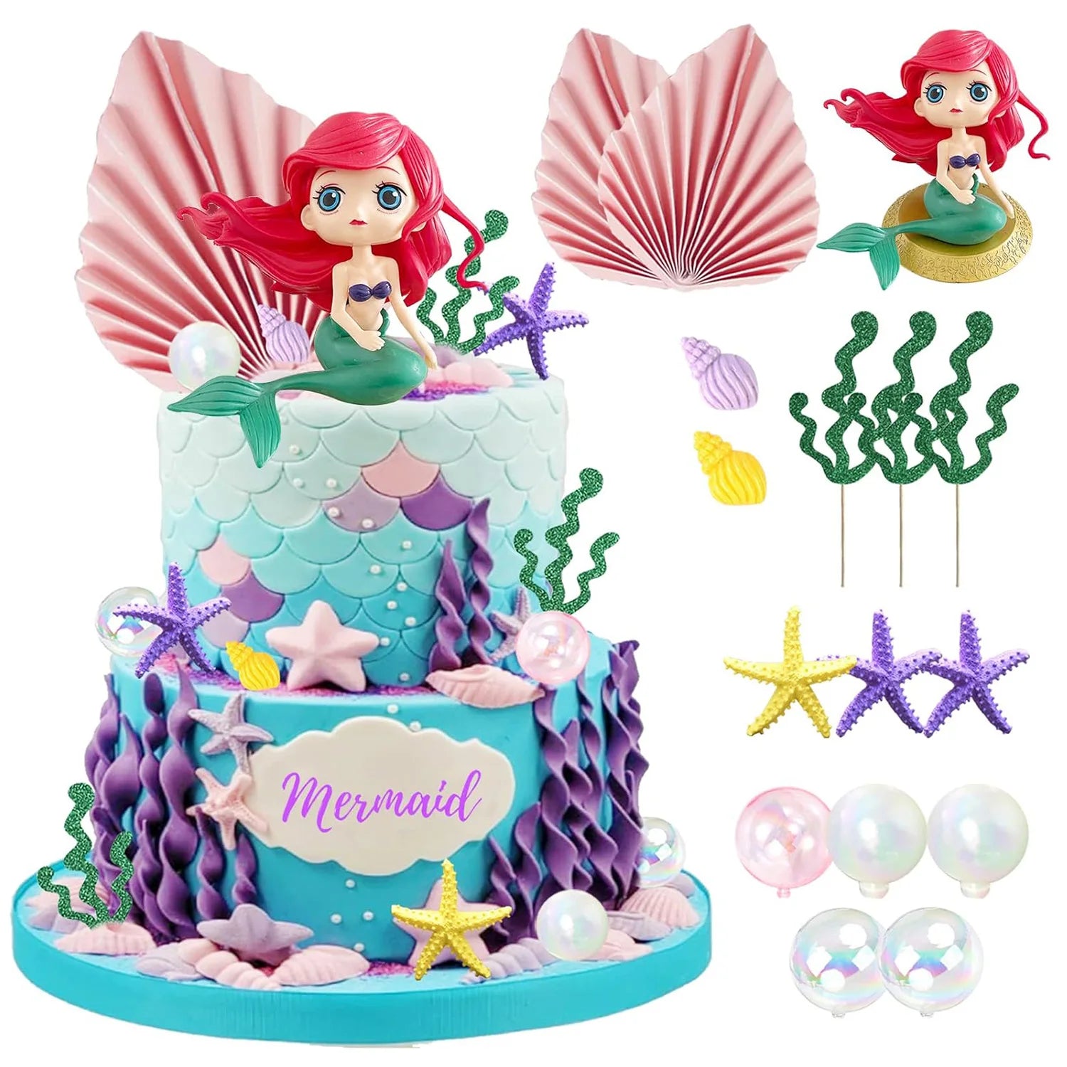 Mermaid Cake Topper Big Mermaid Tails Seaweed Bubbles Shells and Golden Ginkgo Leaves Cake Set for Mermaid Cake Decorations
