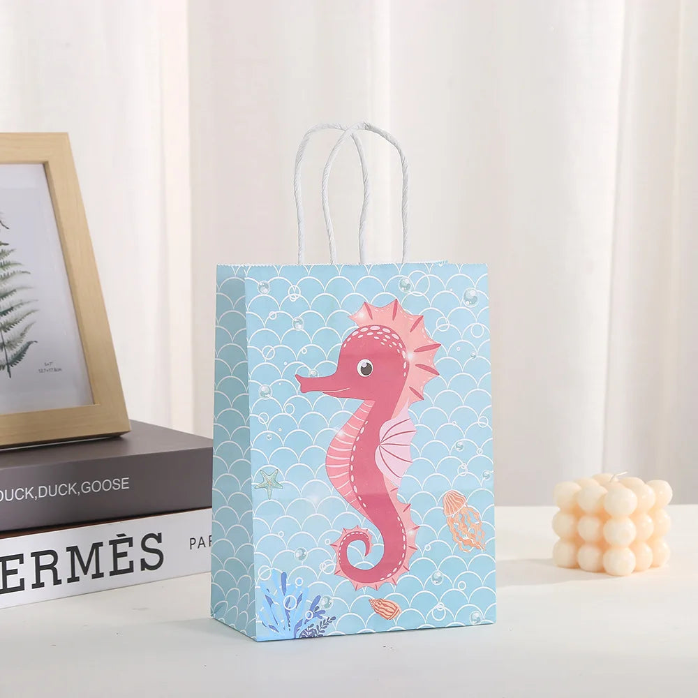 6Pcs Cartoon Ocean Theme Paper Gift Packing Bags Mermaid Shell Candy Cookie Bag for Girl Birthday Baby Shower Party Decoration