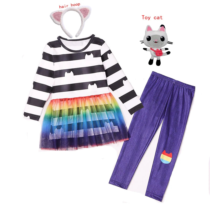 Gabby Cats Baby Girls Summer Gabby's Dollhouse Dress Rainbow stripe Kids Cosplay Princess Toddler Birthday Party Dresses+wig