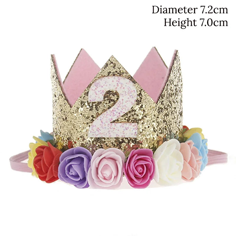Baby Birthday Decoration Girl 1 2 3 Years Crown Hat Pink White Flower Sequins Crown 1st birthday Photo Prop Happy Birthday Gifts