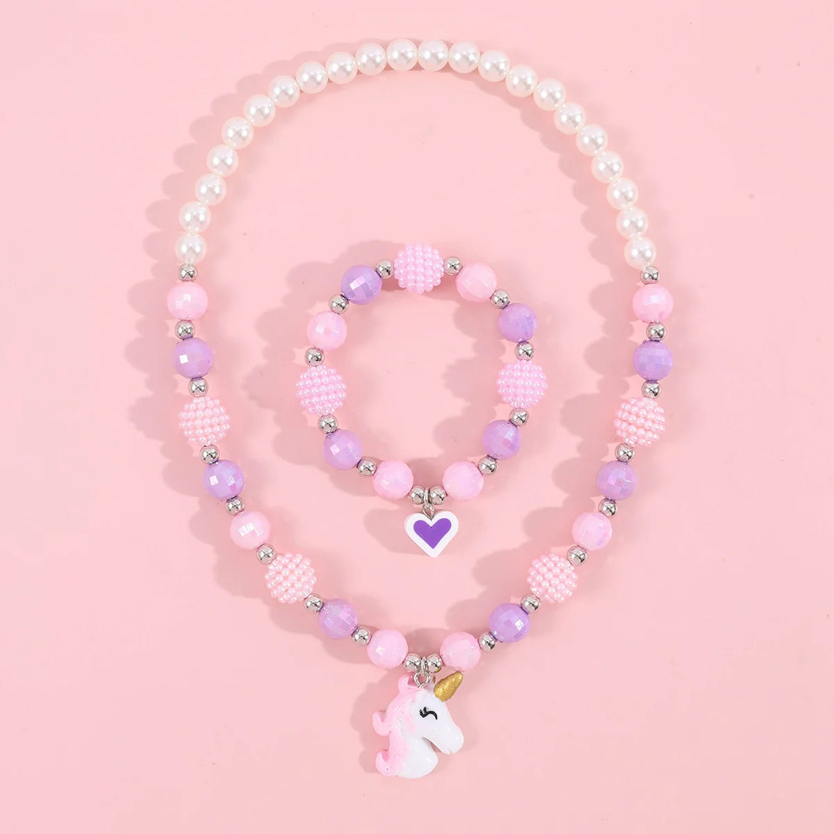 Cute Unicorn Pendant Necklace for Girls Heart Beads Necklace for Children Fashion Jewelry Accessories Birthday Gift