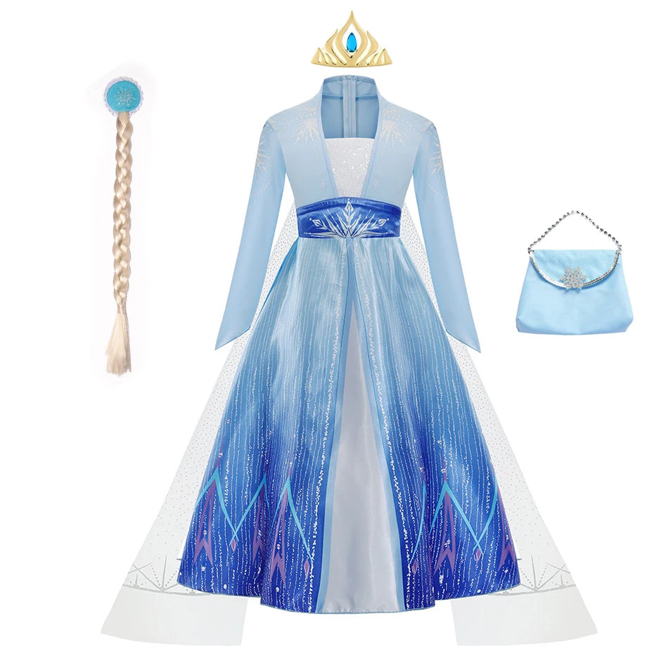 Elsa Costume for Girl Birthday Party Blue Long Sleeve Carnival Clothing Kids Princess Dress for Girls