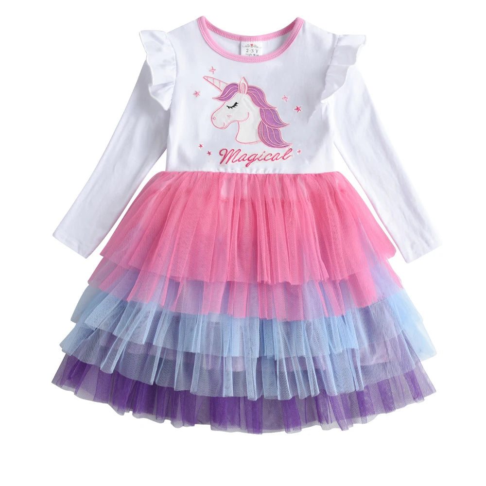 VIKITA Girl Autumn Dress Children Princess Costumes Birthday Party Unicorn Print Tulle Dresses Kids Irregular Dress 3 to 8 Yrs