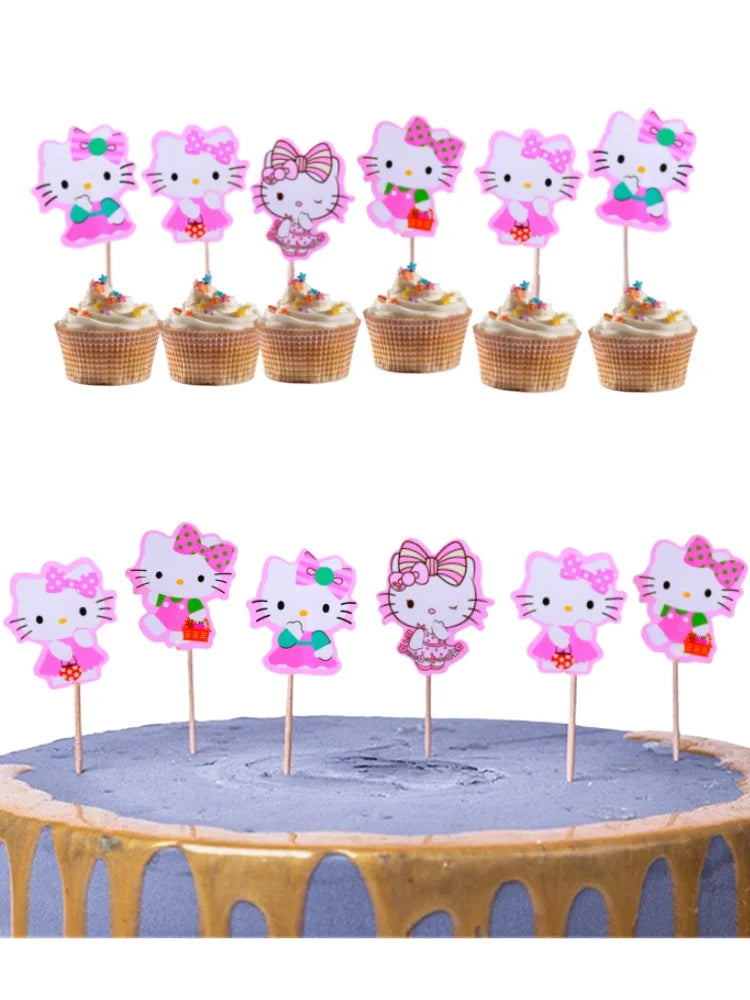 24Pcs/Pack Hello Kitty Cake Toppers Pink Kitty Cat Theme CupCake Toppers Baby Shower Kids Girls Birthday Party Cake Decorations