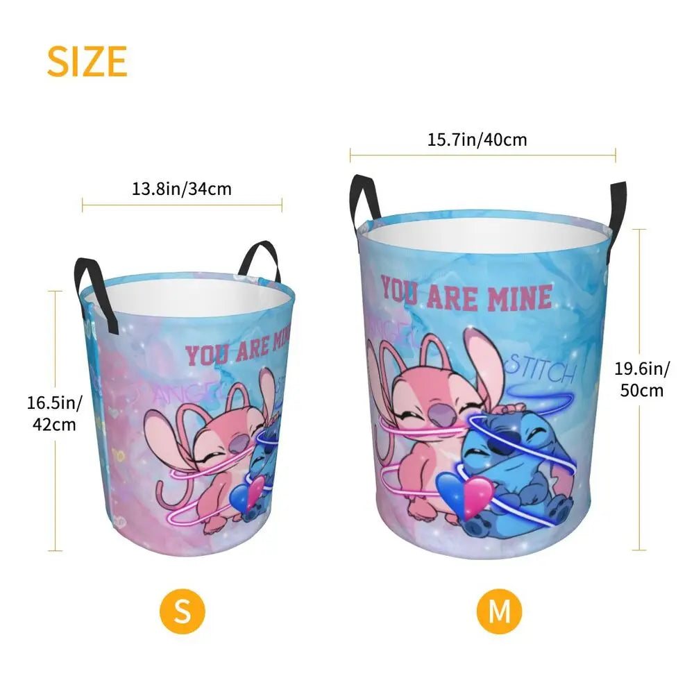Custom Stitch Kiss Angel Love Heart Anime Laundry Hamper Large Clothes Storage Basket Toy Bin Organizer for Boy Girl
