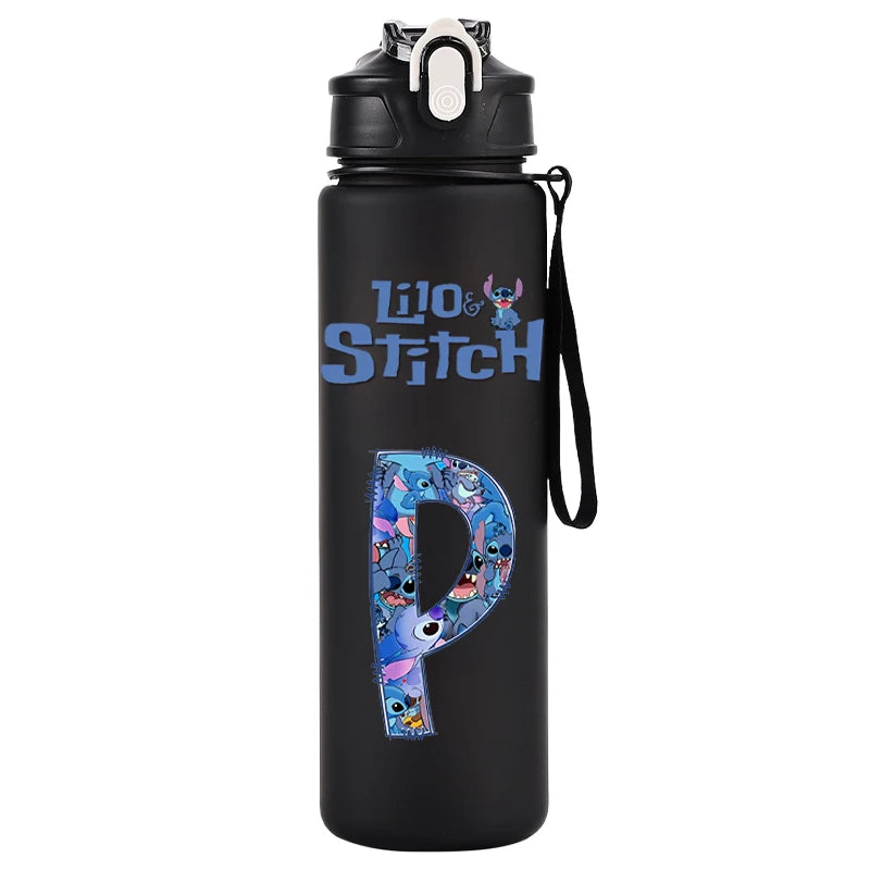 750ml Water Bottle Letter A-Z Printed Lilo Stitch Black Large Capacity Drinking Cup Portable Outdoor Sport Water Cup Kid Gifts