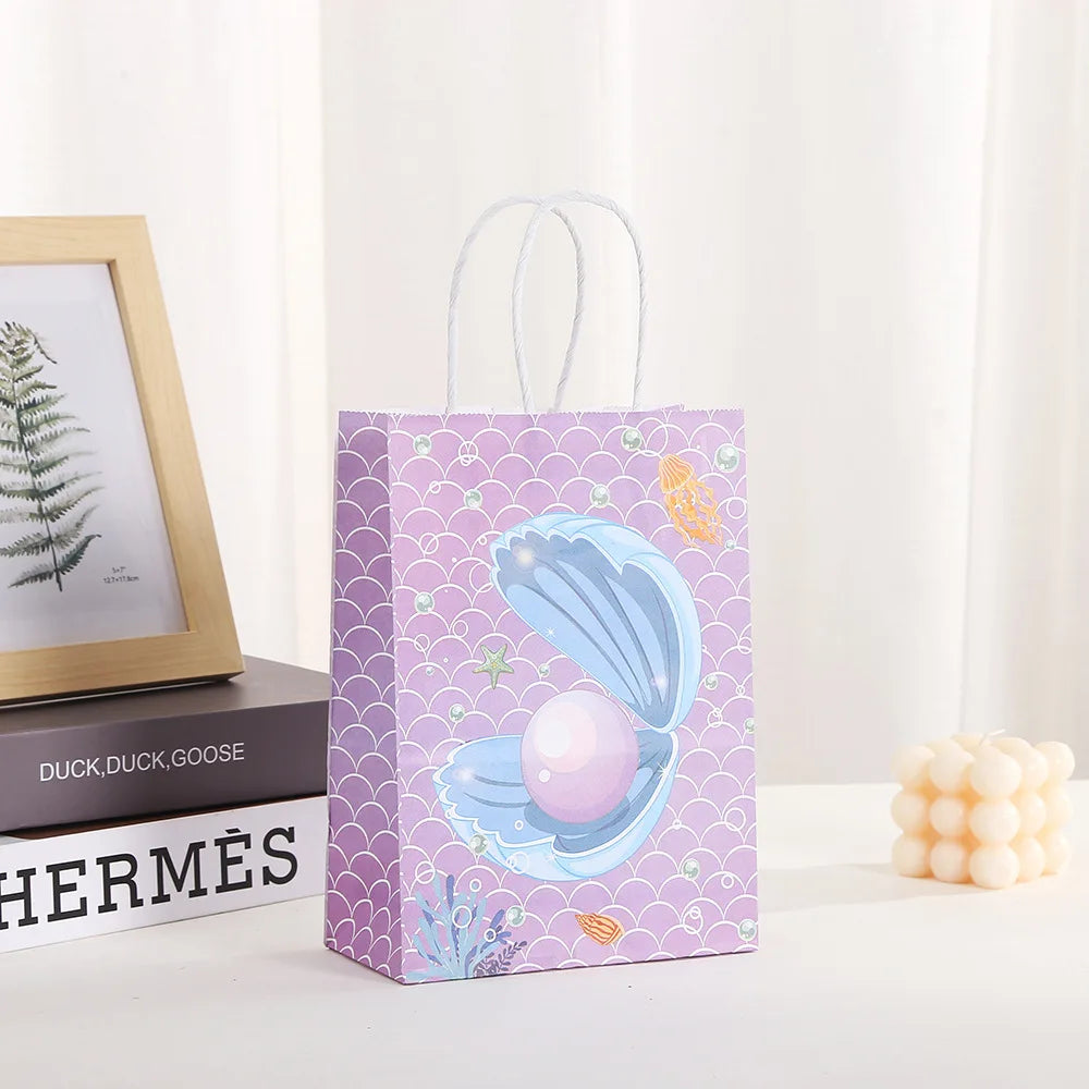 6Pcs Cartoon Ocean Theme Paper Gift Packing Bags Mermaid Shell Candy Cookie Bag for Girl Birthday Baby Shower Party Decoration