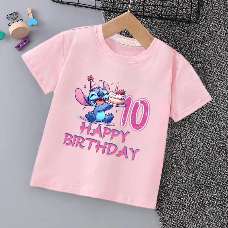 Lilo Stitch Number T-Shirt for Girl Birthday Clothes Summer Short Sleeve Pink T Shirts Casual Kids Clothes Cute Cartoon Tee Tops