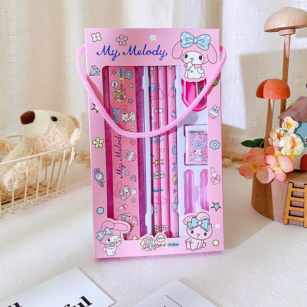 Sanrio Hellokitty Cinnamoroll Melody Kuromi Stationery Set Pencils Erasers Rulers Cartoon School Supplies Study Stationery Gifts