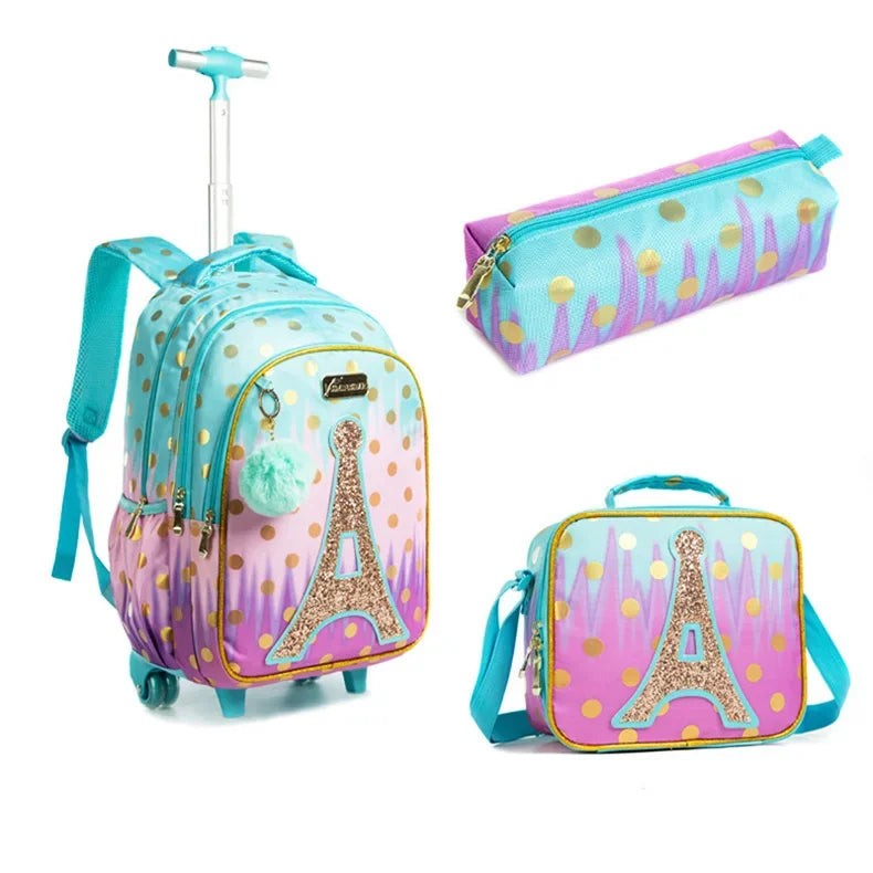 Children's School Backpack with Wheels Kids Wheeled School Bag Teenagers Bag Girls Canvas Backpack Travel Luggage Trolley Bags