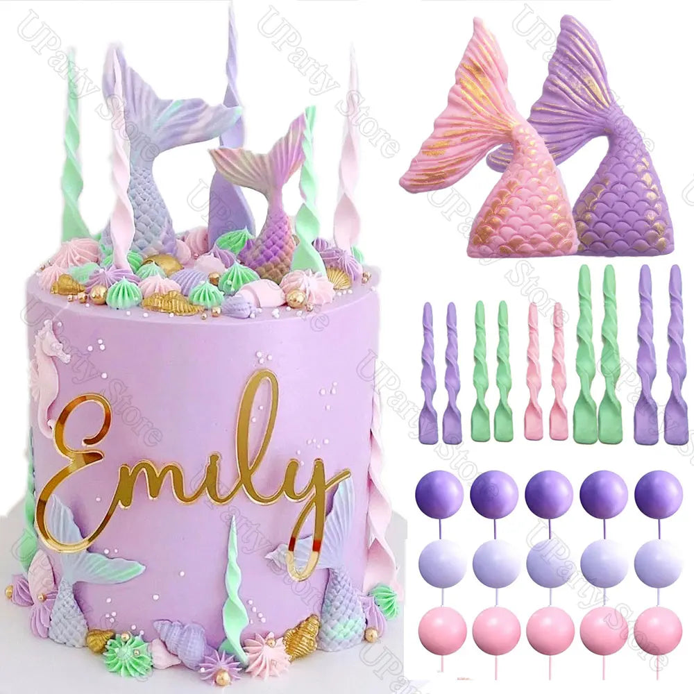 26Pcs Mermaid Birthday Cake Decoration Pink Purple Cake Balls Seashell Memail Tail Cake Toppers for Birthday Baby Shower Favor