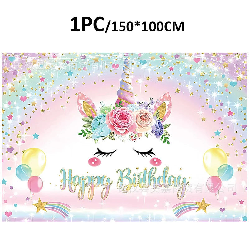 Unicorn Decoration For Birthday Girl Happy Birthday Unicorn Them Deco Kit Tableware Background Banner Balloons Supplies For Kids