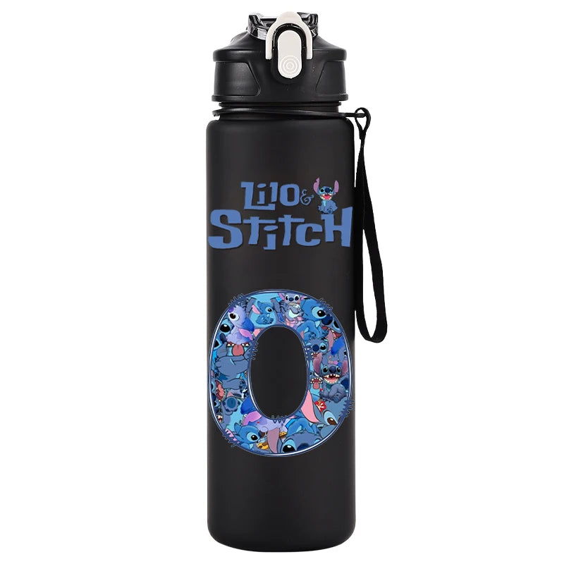 750ml Water Bottle Letter A-Z Printed Lilo Stitch Black Large Capacity Drinking Cup Portable Outdoor Sport Water Cup Kid Gifts