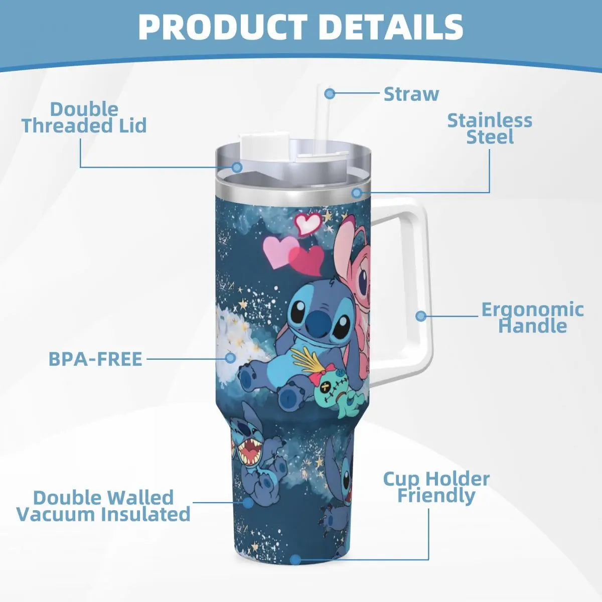 Stainless Steel Tumbler   Stitch Mugs Cup With Straws Travel Cold and Hot Water Bottle Heat Preservation 40oz Thermal Mug