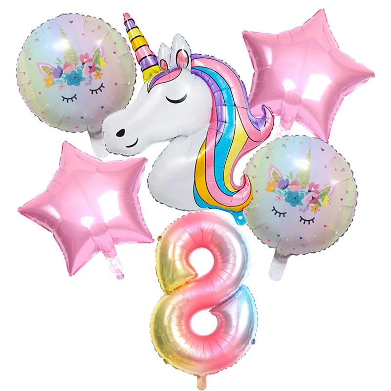 Rainbow Unicorn Foil Balloon 32inch Number Pink Star Balloons Unicorn Theme Kids Birthday Party Decorations Baby Shower Globos