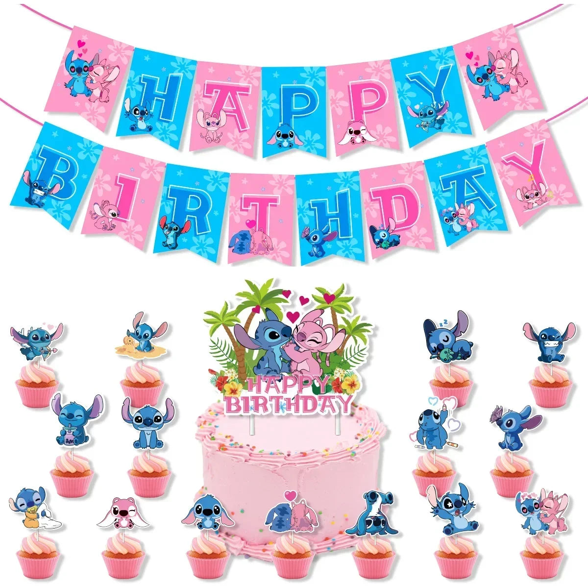 1Set Stitched Latex Balloons Banner Baby Shower Toy Cake Topper Happy Birthday Boy Girl Lilo Stitch Ballons Party Decor Supplies