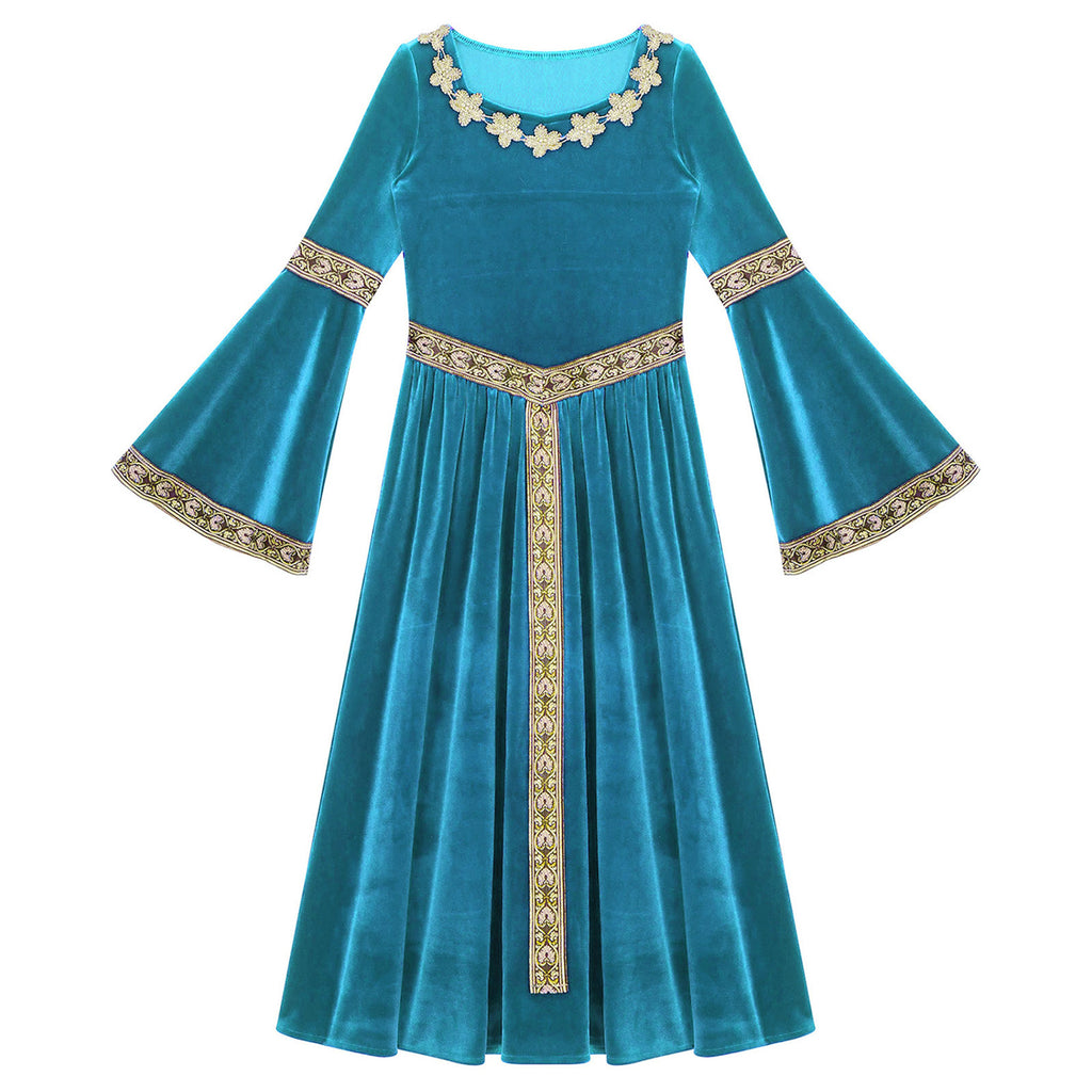 Kids Girls Medieval Renaissance Princess Costume Velvet Long Flare Sleeve Vintage Dress Gown Carnival Party Cosplay Dress Up