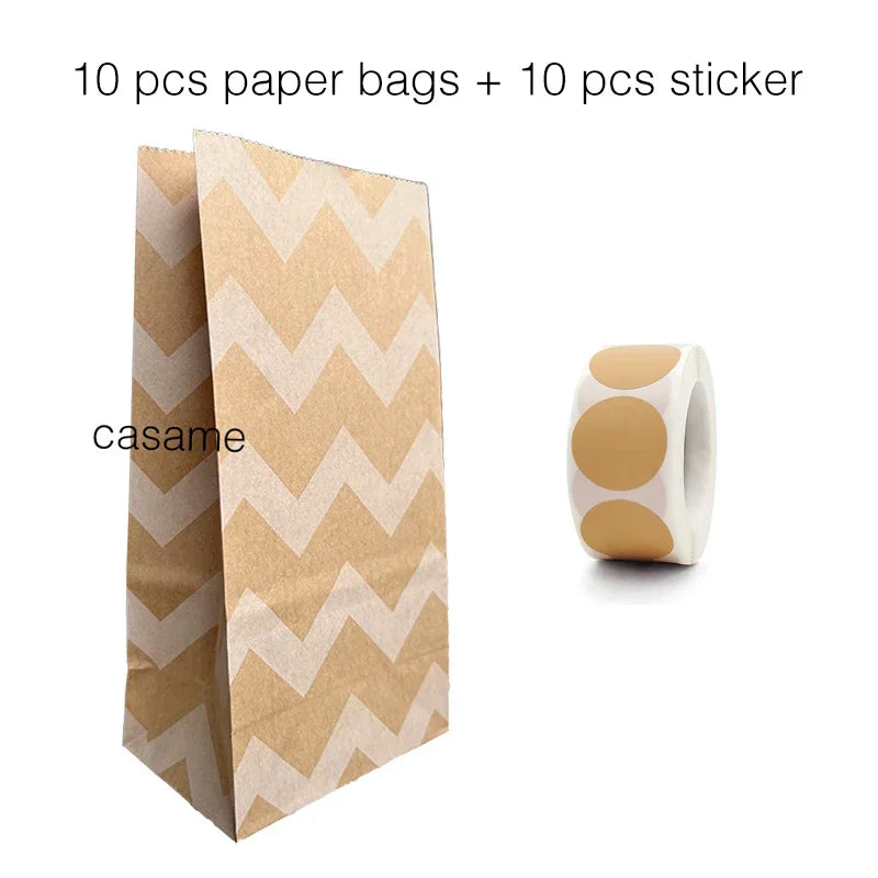 10 pcs Colorful Solid Stripe and Polka Dot Stand-Up Bags with Stickers - 18x9x6cm Favor Gift Packing Treat Bags for Wedding