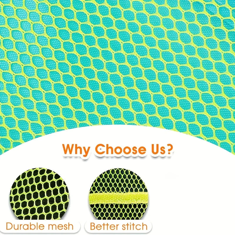 Youngsters' Large Mesh Beach Toy Bag with Blue and Green Side Pockets - Durable Seashell Collecting Tote for Sand Toys, Swimming