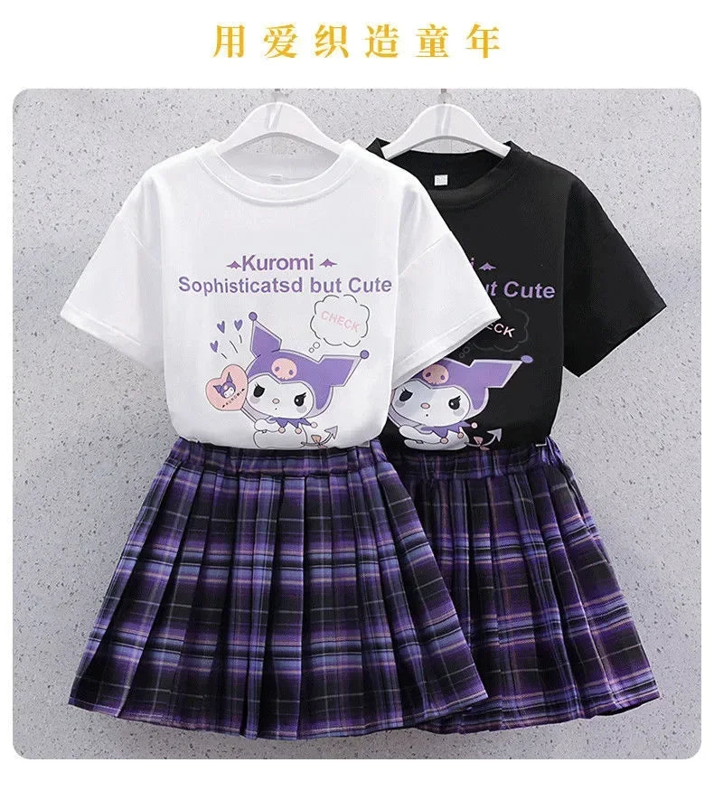 Sanrio Kuromi Kawaii Girls College Style T-shirt Skirt Suit Summer Clothes New Girl Suit Children's Clothes Style Pleated Skirt