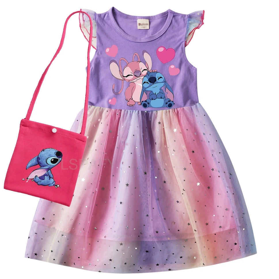 Hot Lilo And Stitch Girls Children Spring Summer Tutu Stitch Dress +Bag Kids Princess Girls Birthday Party Dress Costume