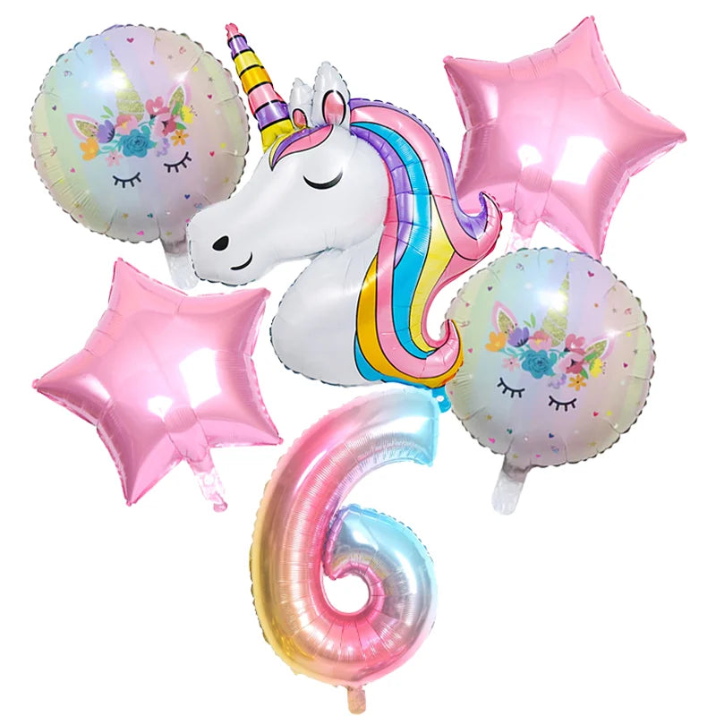 Rainbow Unicorn Foil Balloon 32inch Number Pink Star Balloons Unicorn Theme Kids Birthday Party Decorations Baby Shower Globos