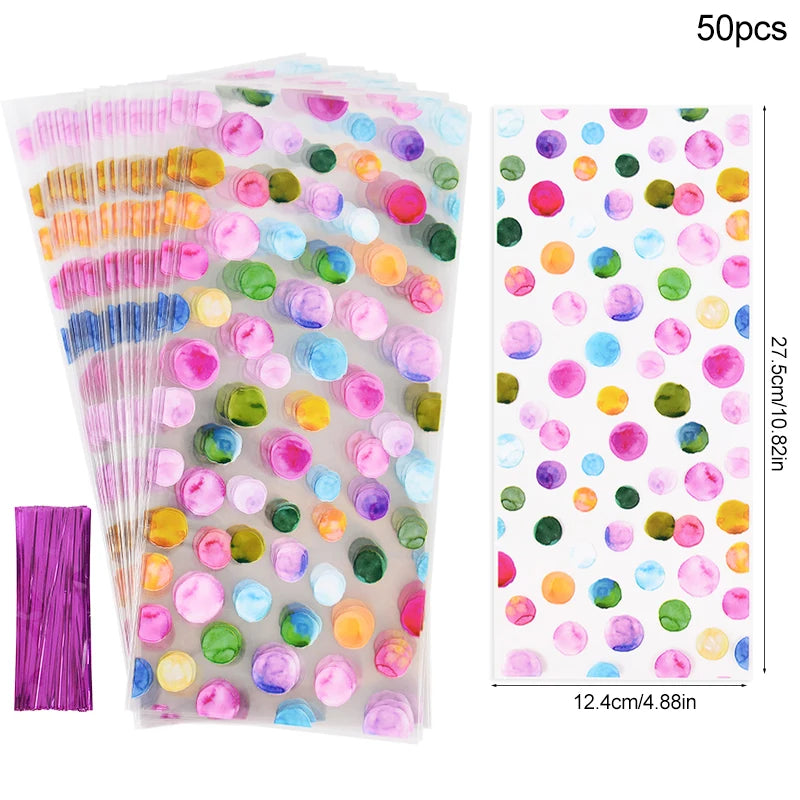 25/50pcs Rainbow Polka Dot Candy Cookie Bag Birthday Party Biscuit Gift Packaging Cellophane Bags Wedding Baby Shower Supplies