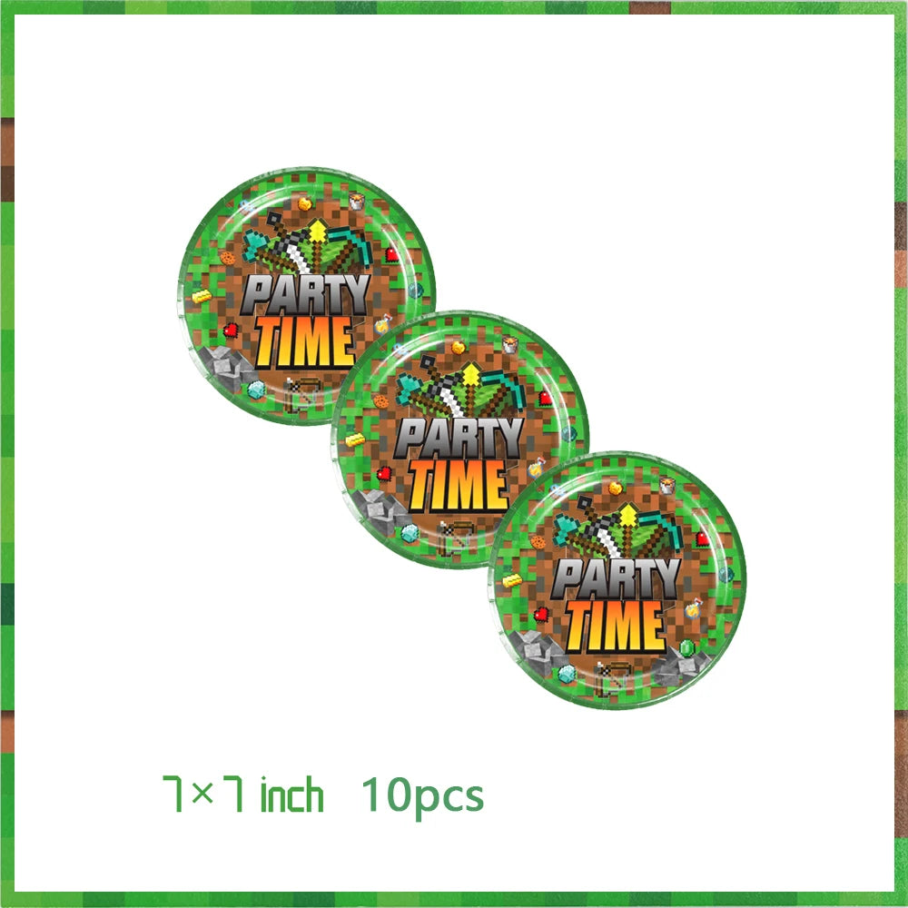 Miner Crafting Pixel Video Game Party Decor Disposable Tableware Backdrop For Kids Party Supplies Cup Plate Banner Toy Gifts
